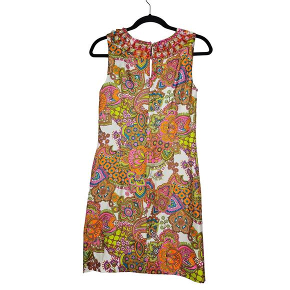 Milly New York 4 Paisly Silk Sheath Dress Beaded Retro Palm Springs Preppy - Picture 2 of 6